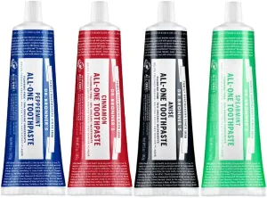 Dr. Bronner’s All-One Toothpaste 4-Pack Variety– (Peppermint, Spearmint, Cinnamon, Anise, 5oz Each)– 70% Organic Ingridients, SLS Free Toothpaste, Fluoride Free, Natural, Vegan, for Sensitive Teeth