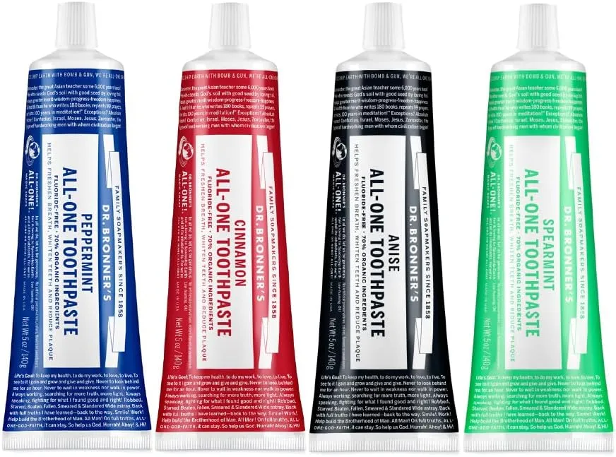 Dr. Bronner’s All-One Toothpaste 4-Pack Variety– (Peppermint, Spearmint, Cinnamon, Anise, 5oz Each)– 70% Organic Ingridients, SLS Free Toothpaste, Fluoride Free, Natural, Vegan, for Sensitive Teeth