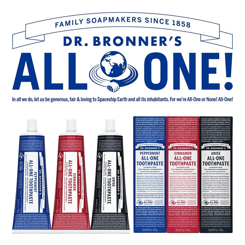Dr. Bronner’s - All-One Toothpaste (Peppermint, 1 Ounce, 3-Pack) - 70% Organic Ingredients, Natural and Effective, Fluoride-Free, SLS-Free, Helps Freshen Breath, Reduce Plaque, Whiten Teeth, Vegan