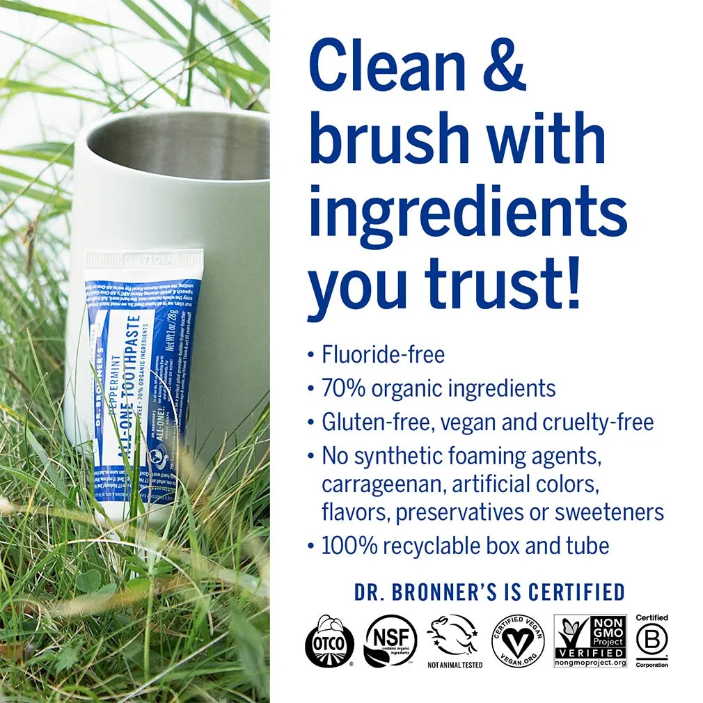 Dr. Bronner’s - All-One Toothpaste (Peppermint, 1 Ounce, 3-Pack) - 70% Organic Ingredients, Natural and Effective, Fluoride-Free, SLS-Free, Helps Freshen Breath, Reduce Plaque, Whiten Teeth, Vegan