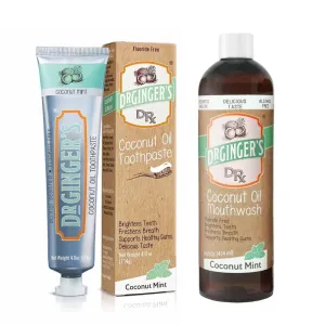 Dr. Ginger's Coconut Oil Care 2pc Bundle, All-Natural Fluoride Free Toothpaste - 4oz, and Alcohol Free Whitening Mouthwash, 14fl oz - for Fresh Breath and Ultimate Oral Care - Mint Flavor