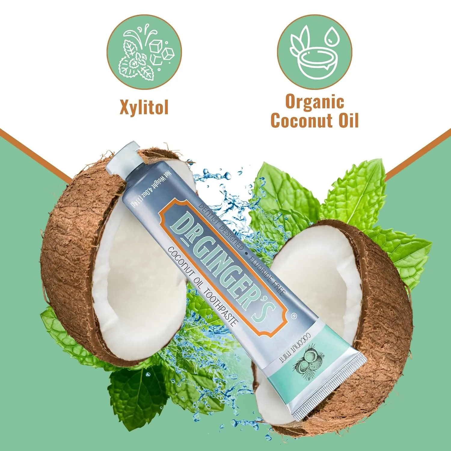 Dr. Ginger's Coconut Oil Fluoride Free Toothpaste for Sensitive Teeth and Gums - Mint Flavor, 4oz 2pcs - All-Natural Whitening Toothpaste with Xylitol, Freshens Breath and Reduces Plaque