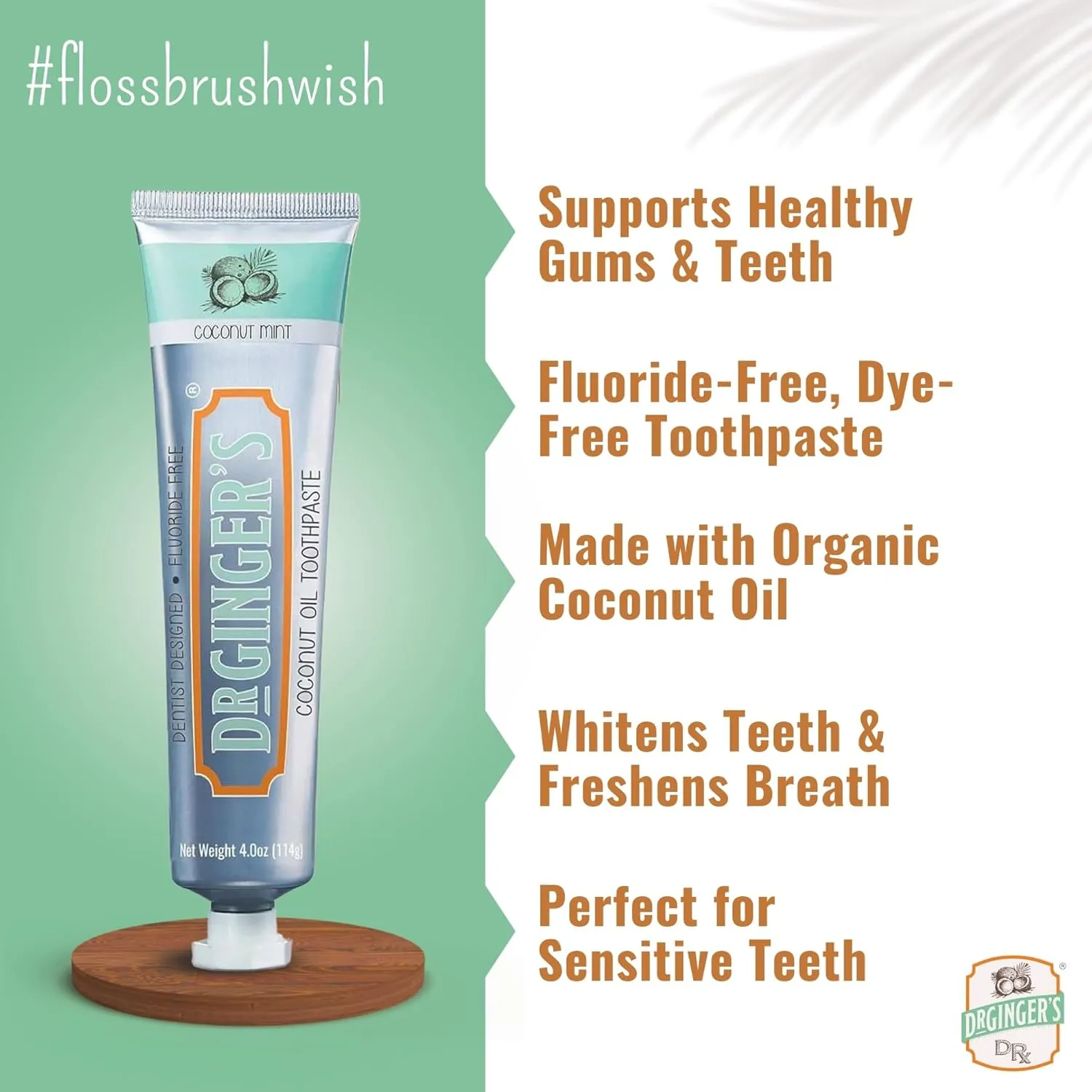 Dr. Ginger's Coconut Oil Fluoride Free Toothpaste for Sensitive Teeth and Gums - Mint Flavor, 4oz 2pcs - All-Natural Whitening Toothpaste with Xylitol, Freshens Breath and Reduces Plaque