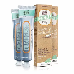 Dr. Ginger's Coconut Oil Fluoride Free Toothpaste for Sensitive Teeth and Gums - Mint Flavor, 4oz 2pcs - All-Natural Whitening Toothpaste with Xylitol, Freshens Breath and Reduces Plaque