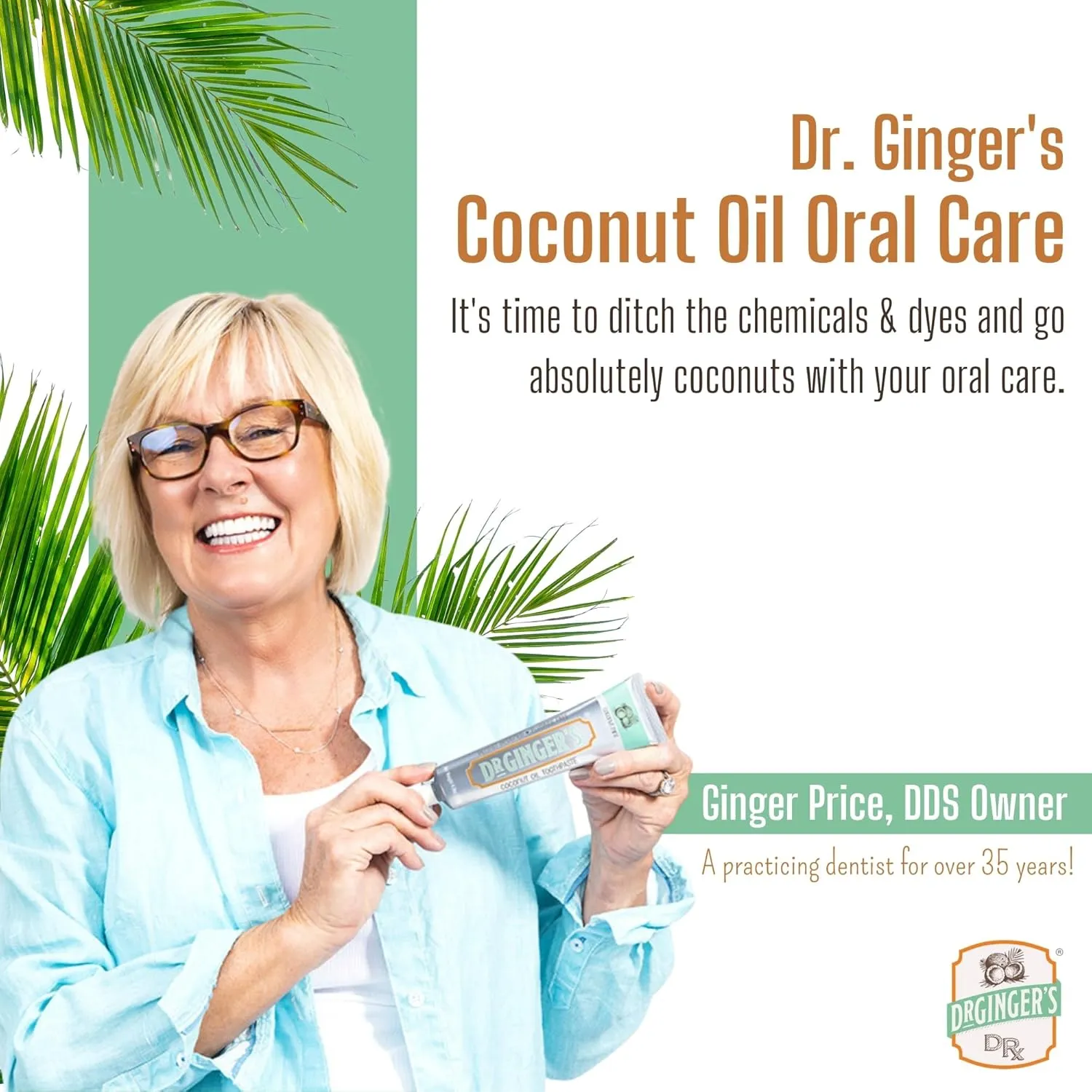 Dr. Ginger's Coconut Oil Fluoride Free Toothpaste for Sensitive Teeth and Gums - Mint Flavor, 4oz 2pcs - All-Natural Whitening Toothpaste with Xylitol, Freshens Breath and Reduces Plaque