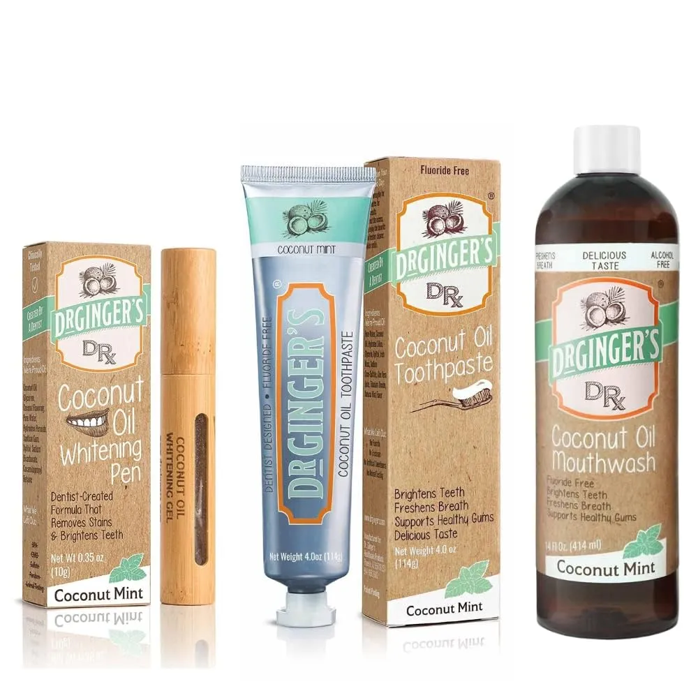 Dr. Ginger's Coconut Oil Teeth Whitening 3pc Bundle, All-Natural Fluoride Free Toothpaste (4oz), Alcohol Free Mouthwash (14fl oz) and Tooth Whitening Pen (0.35oz), Mint Flavor - Enamel-Safe Oral Care