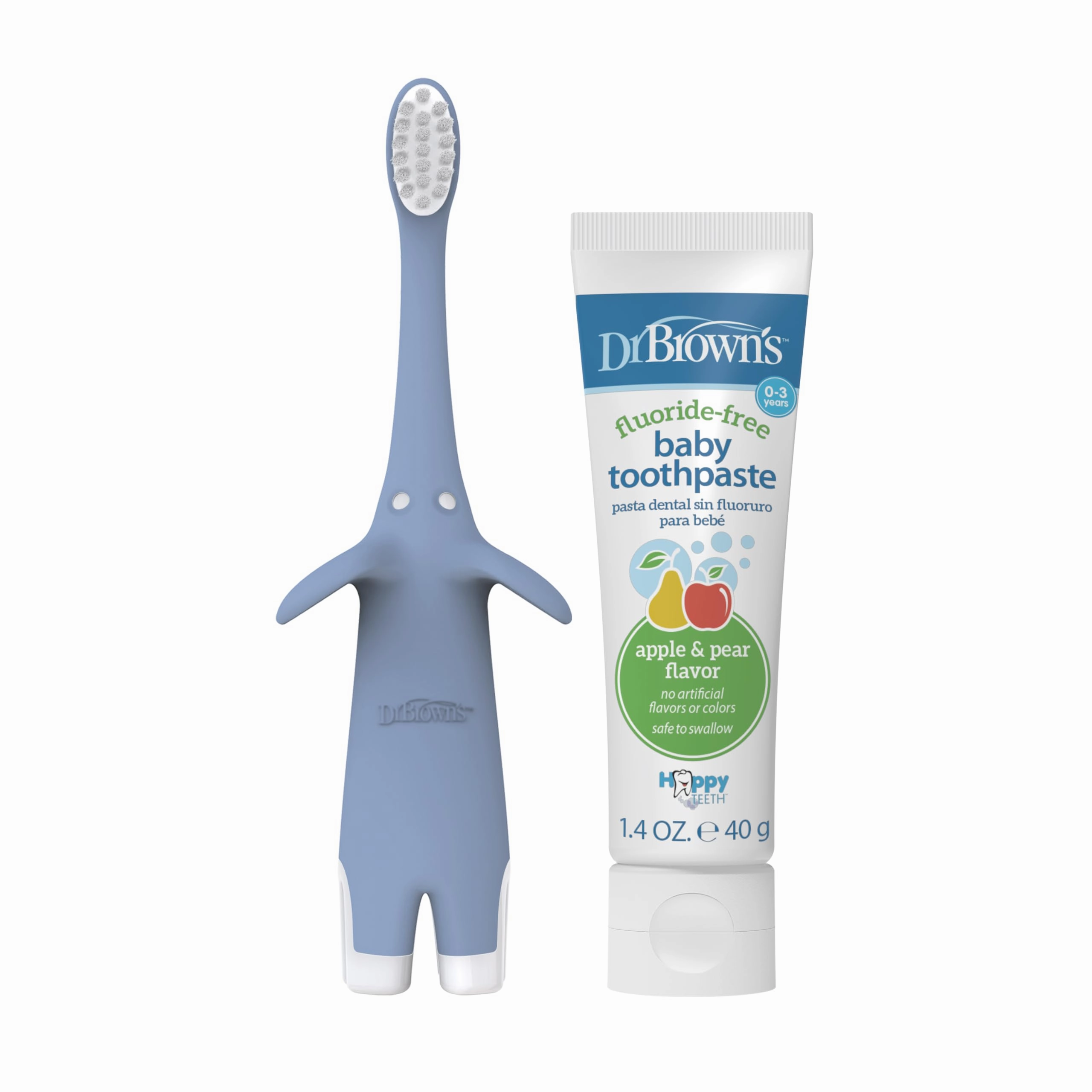Dr. Brown's Infant-to-Toddler Training Toothbrush Set, Blue Elephant with Fluoride-Free Apple Pear Baby Toothpaste, 0-3 years