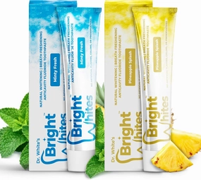 Dr. White's Bright Whites Anticavity Fluoride Toothpaste Value Pack, Dentist Recommended for Adults & Kids' Oral Care - Whitening, Antiplaque, Sulfate Free, Vegan (2-Pack, Mint/Pineapple)