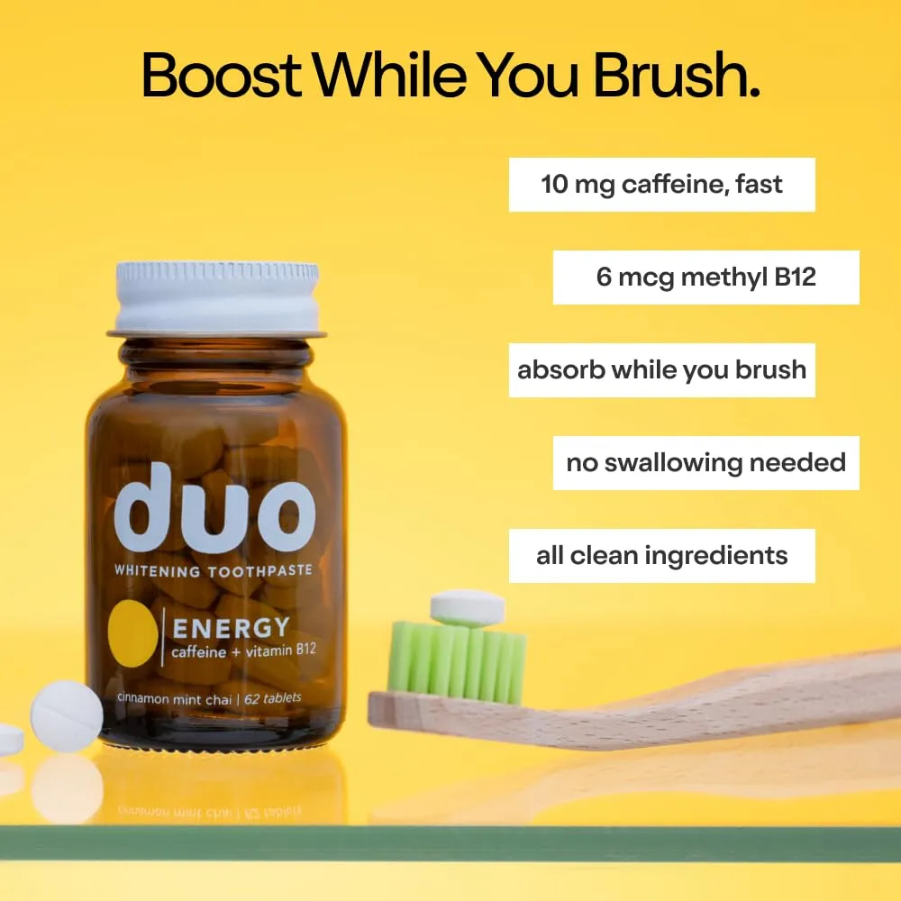 Duo Energy Toothpaste Tablets | Caffeine   B12 w/Nano-Hydroxyapatite (nHa) - Whitening, Remineralize & Reduce Sensitivity | Sustainable & Plastic Free | Cinnamon Mint Chai, 1 BTL/62 Tablet