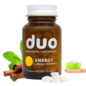 Duo Energy Toothpaste Tablets | Caffeine   B12 w/Nano-Hydroxyapatite (nHa) - Whitening, Remineralize & Reduce Sensitivity | Sustainable & Plastic Free | Cinnamon Mint Chai, 1 BTL/62 Tablet