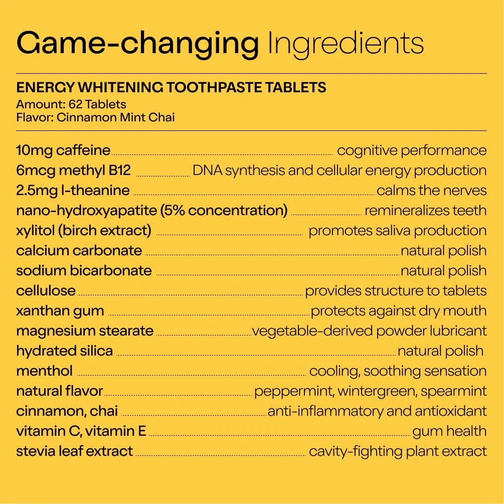 Duo Energy Toothpaste Tablets | Caffeine   B12 w/Nano-Hydroxyapatite (nHa) - Whitening, Remineralize & Reduce Sensitivity | Sustainable & Plastic Free | Cinnamon Mint Chai, 1 BTL/62 Tablet