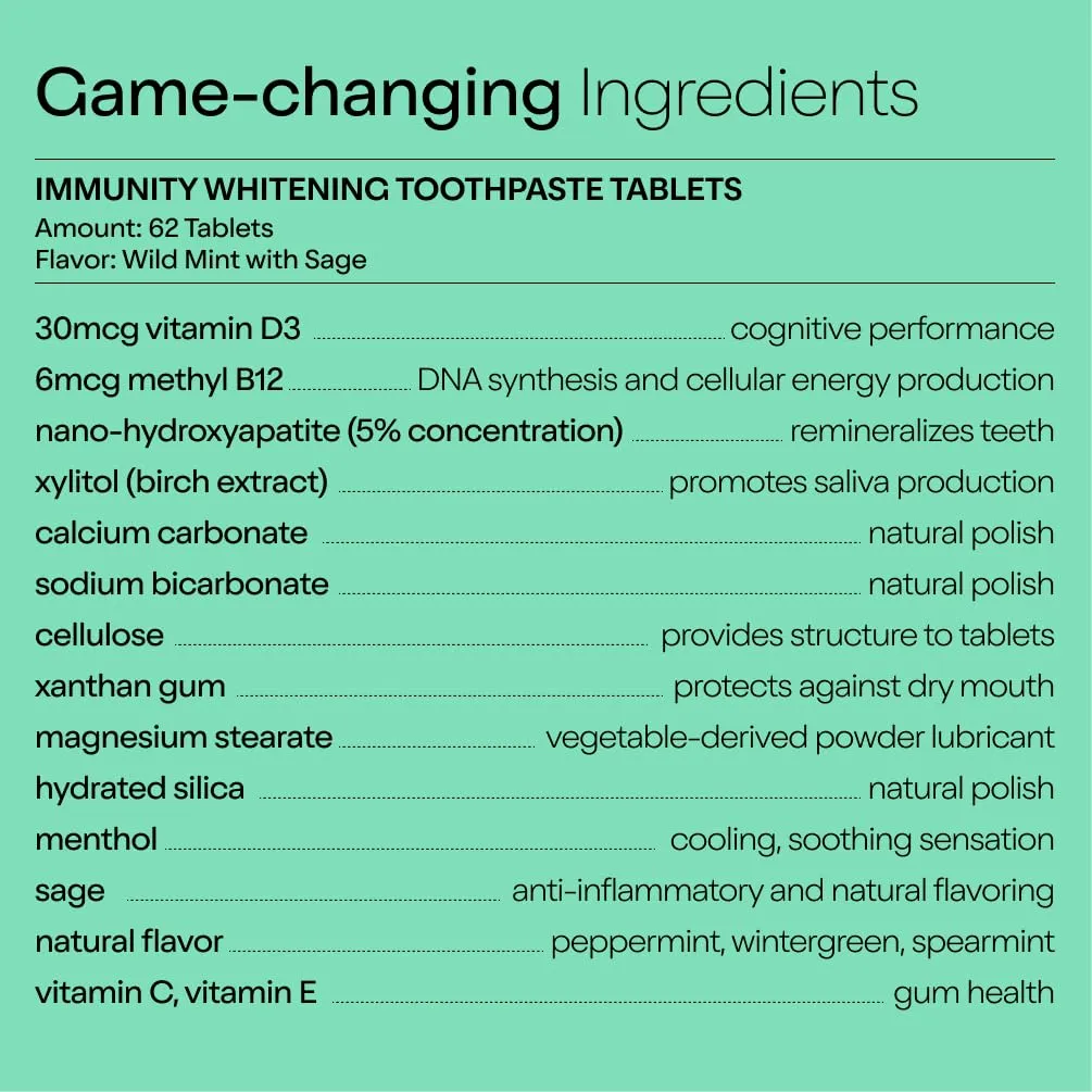 Duo Immunity Toothpaste Tablets | Vitamin D3   B12 w/Nano-Hydroxyapatite (nHa) - Whitening, Remineralize & Reduce Sensitivity | Sustainable & Plastic Free | Wild Mint w/Sage, 1 Bottle/ 62 Tablets