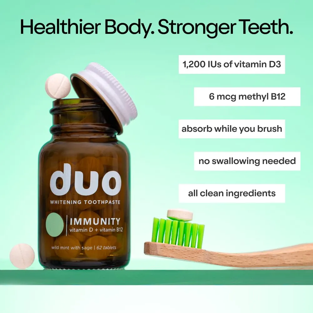 Duo Immunity Toothpaste Tablets | Vitamin D3   B12 w/Nano-Hydroxyapatite (nHa) - Whitening, Remineralize & Reduce Sensitivity | Sustainable & Plastic Free | Wild Mint w/Sage, 1 Bottle/ 62 Tablets