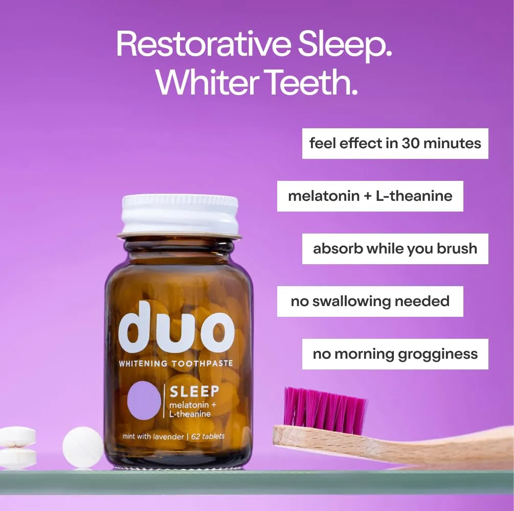 Duo Sleep Toothpaste Tablets | Melatonin w/Nano-Hydroxyapatite (nHa) - Whitening, Remineralize & Reduce Sensitivity | Sustainable & Plastic Free | Mint w/Lavender - 1 Bottle/62 Tablets