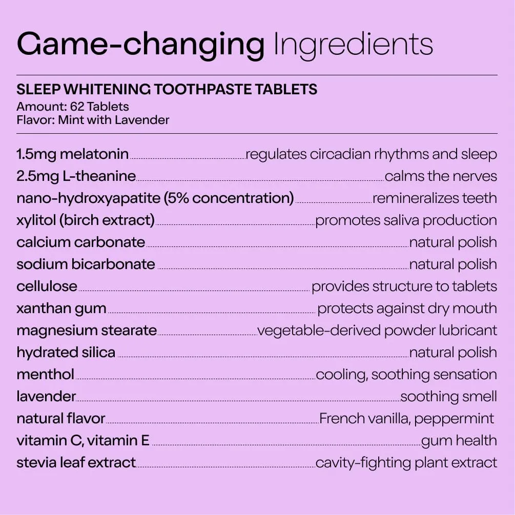 Duo Sleep Toothpaste Tablets | Melatonin w/Nano-Hydroxyapatite (nHa) - Whitening, Remineralize & Reduce Sensitivity | Sustainable & Plastic Free | Mint w/Lavender - 1 Bottle/62 Tablets