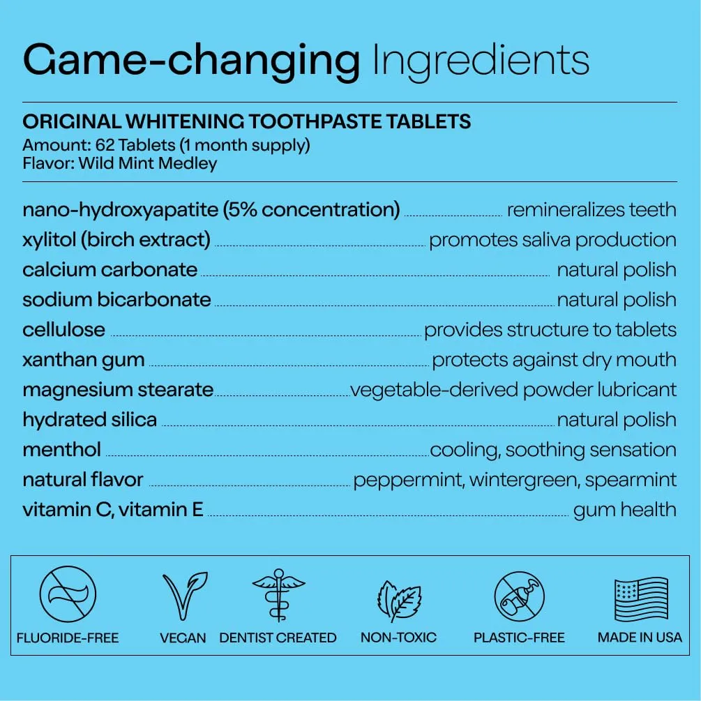 Duo Toothpaste Tablets | Nano-Hydroxyapatite (nHa) Natural Whitening, Remineralize, Reduce Sensitivity | Sustainable & Plastic Free | Dentist Created | Wild Mint Medley - 1 Bottle / 62 Tablets