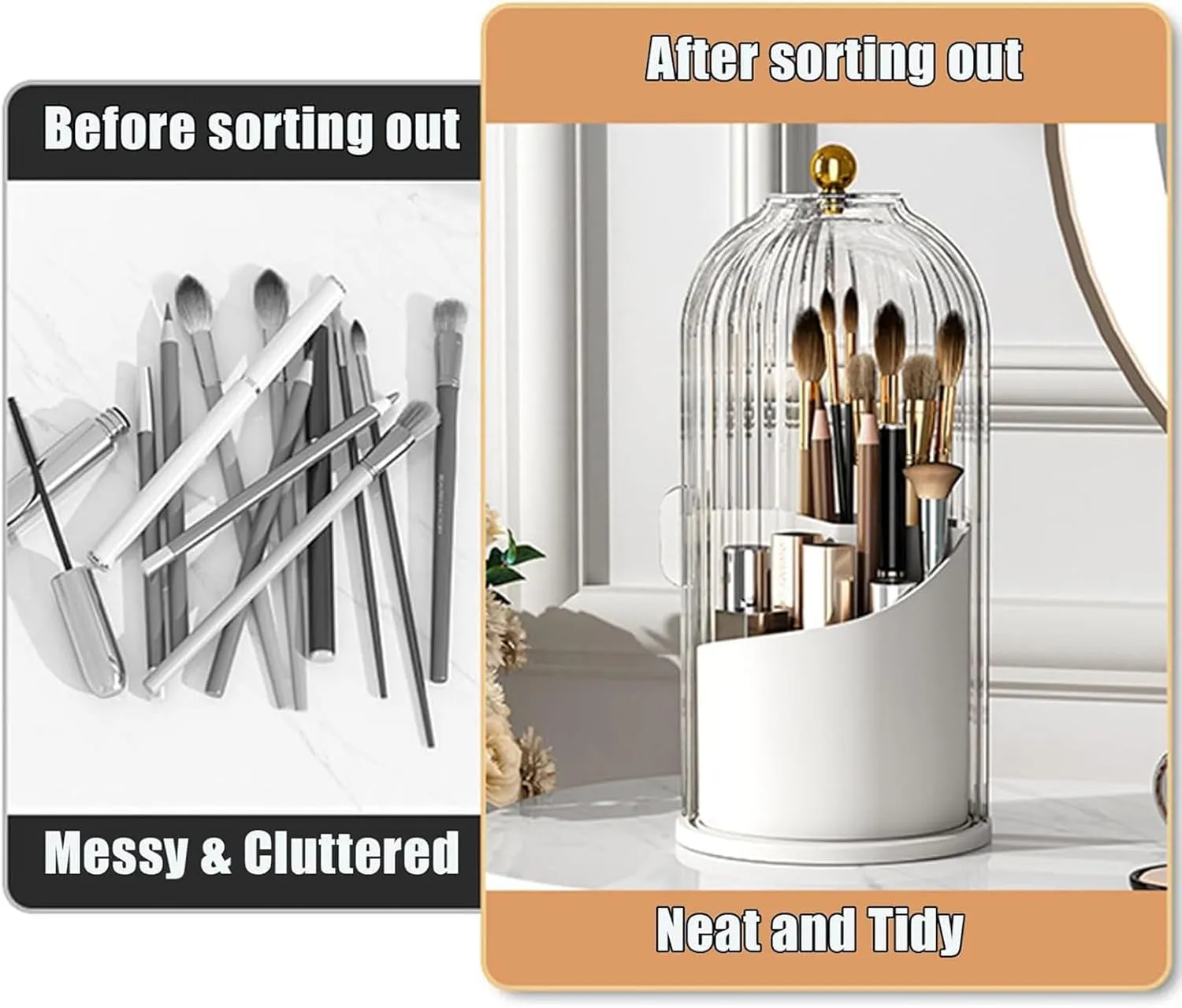Dustproof Make Up Brush Holder with Lid,360 Rotate Spinning Closed Toothbrush Holder Organizer for Vanity Bathroom Countertop (Transparent Cream Black)