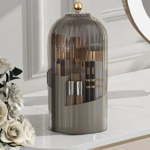 Dustproof Make Up Brush Holder with Lid,360 Rotate Spinning Closed Toothbrush Holder Organizer for Vanity Bathroom Countertop (Transparent Cream Black)