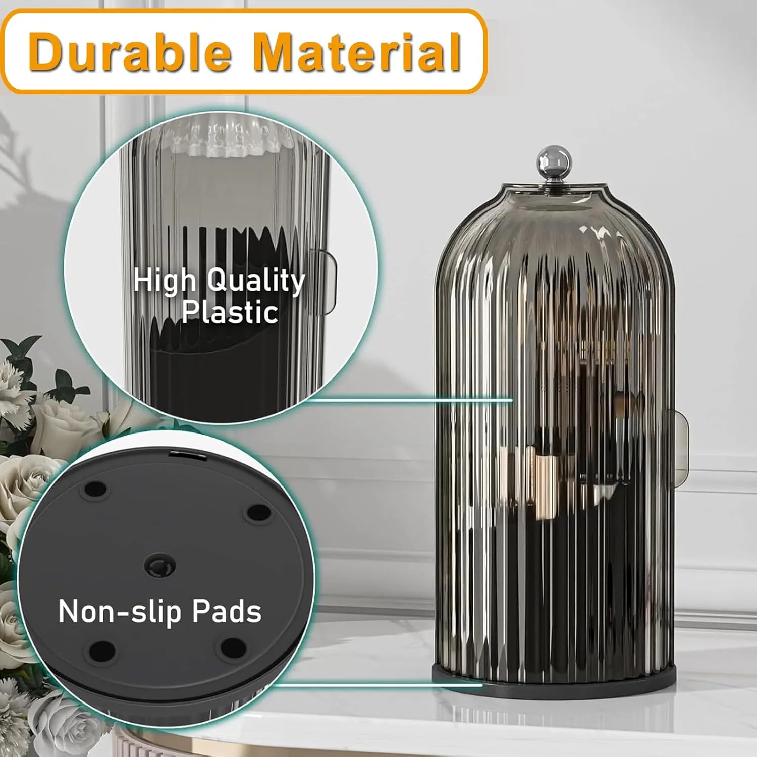 Dustproof Make Up Brush Holder with Lid,360 Rotate Spinning Closed Toothbrush Holder Organizer for Vanity Bathroom Countertop (Transparent Cream Black)
