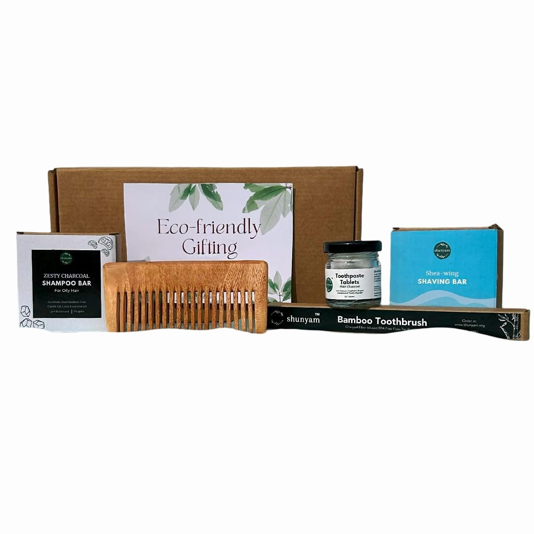 Eco-Friendly Men's Grooming Gift Box | For Sustainable Self-Care | Mint Charcoal Toothpaste Tablets, Charcoal Shampoo Bar, Bamboo Toothbrush, Neem Comb, Shaving Bar
