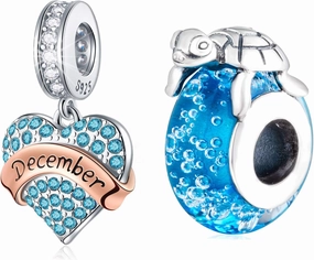 EMOSTAR Forever Love Charms Set fits DIY Women Bracelet, Sea Turtle Charms and December Birthstone Charms Jewelry Set in 925 Sterling Silver, Best Gifts for Holiday/Summer Day/Merry Christmas