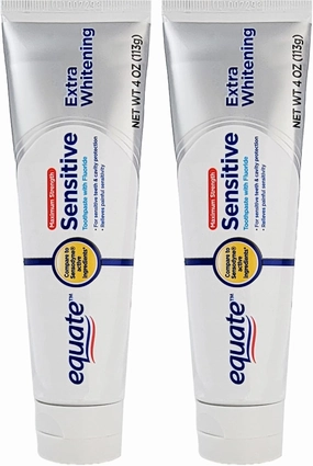 Equate Twinpack of Sensitive Toothpaste with Fluoride and Extra Teeth Whitening 4 OZ (113g) Includes 2 Tubes