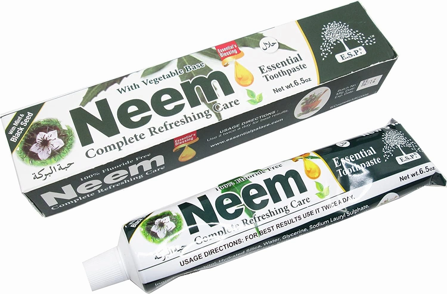 Essential Palace Neem Toothpaste 5 in 1 Formula - 100% Fluoride Free & Vegetable Base Gluten, Prevent Cavity - Refreshing with Neem Extract, Black Seed, Baking Soda, Mint Oil, and Clove - 6 Pack