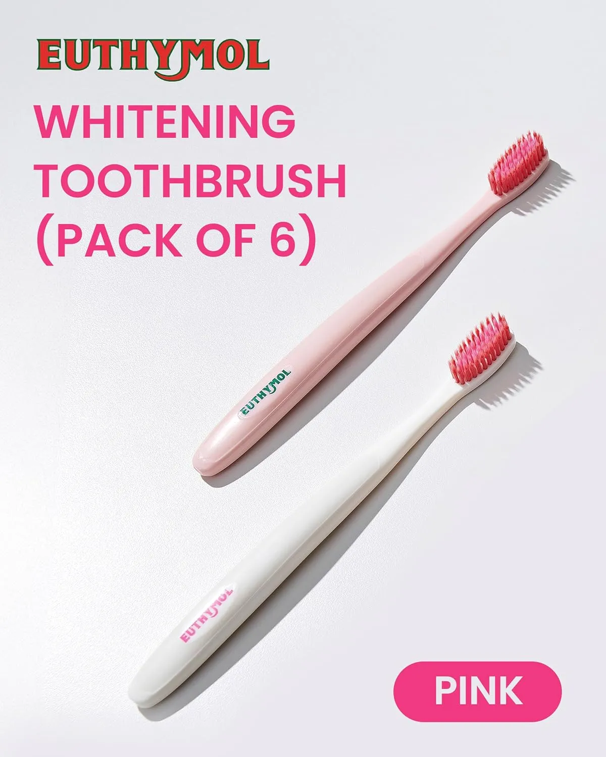 Euthymol Whitening Toothbrush (Pink, 6 Count) - Premium Soft Dual-Tension Bristles. Advanced Plaque Removal, Stain Reduction.