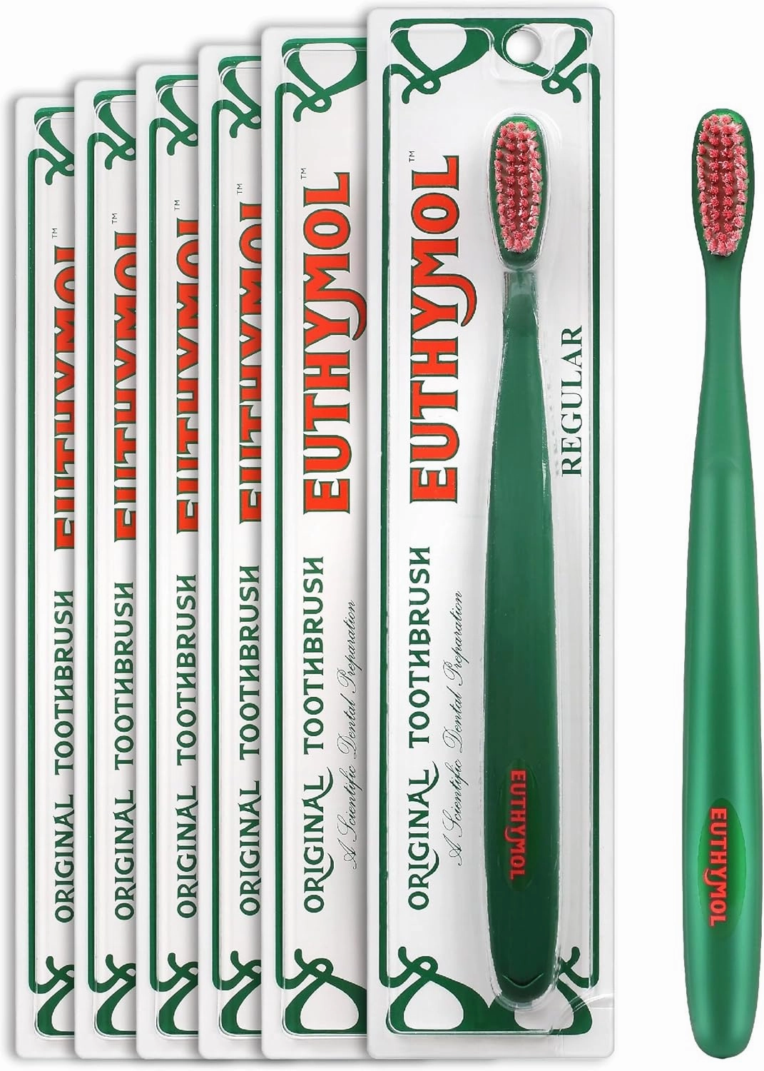 Euthymol Original Toothbrush (Regular, 6 Count) - Standard-Sized, Curved Soft Bristles for Sensitive Teeth, Gums. Effective, Gentle Cleaning for Entire Family.