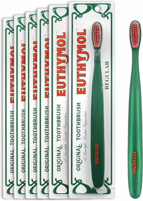 Euthymol Original Toothbrush (Regular, 6 Count) - Standard-Sized, Curved Soft Bristles for Sensitive Teeth, Gums. Effective, Gentle Cleaning for Entire Family.