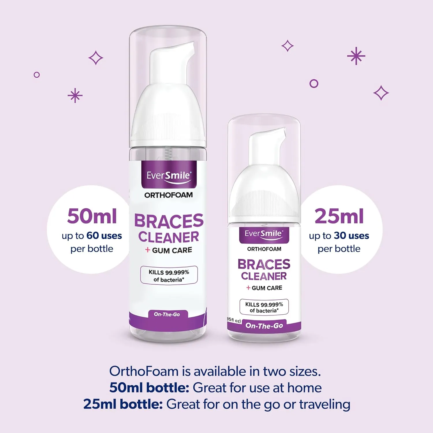 EverSmile OrthoFoam Braces Cleaner — Brushable Foam Whitens Teeth, Eliminates Bacteria, Fights Plaque and Bad Breath – Cleans Under Metal, Ceramic, Clear Brackets and Wires – 50ml