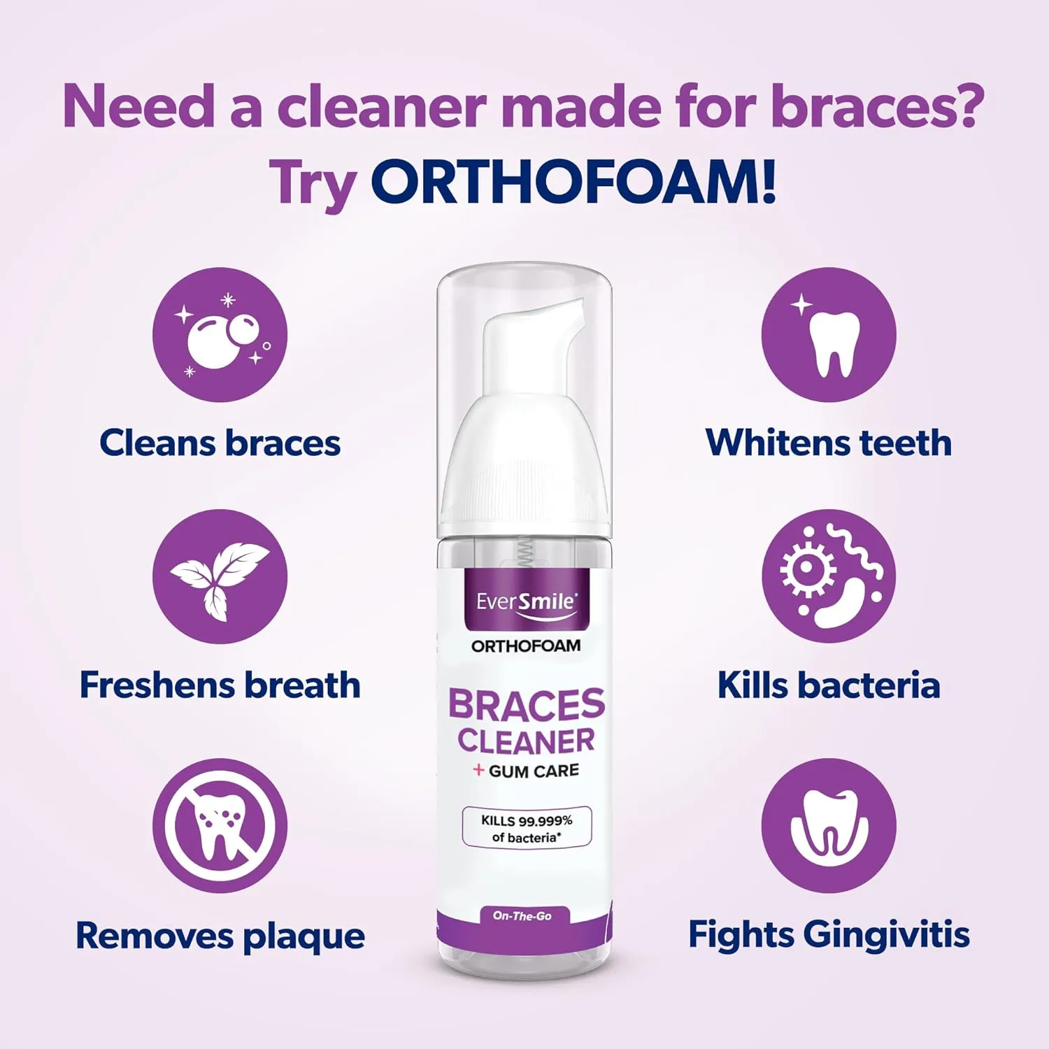 EverSmile OrthoFoam Braces Cleaner — Brushable Foam Whitens Teeth, Eliminates Bacteria, Fights Plaque and Bad Breath – Cleans Under Metal, Ceramic, Clear Brackets and Wires – 50ml