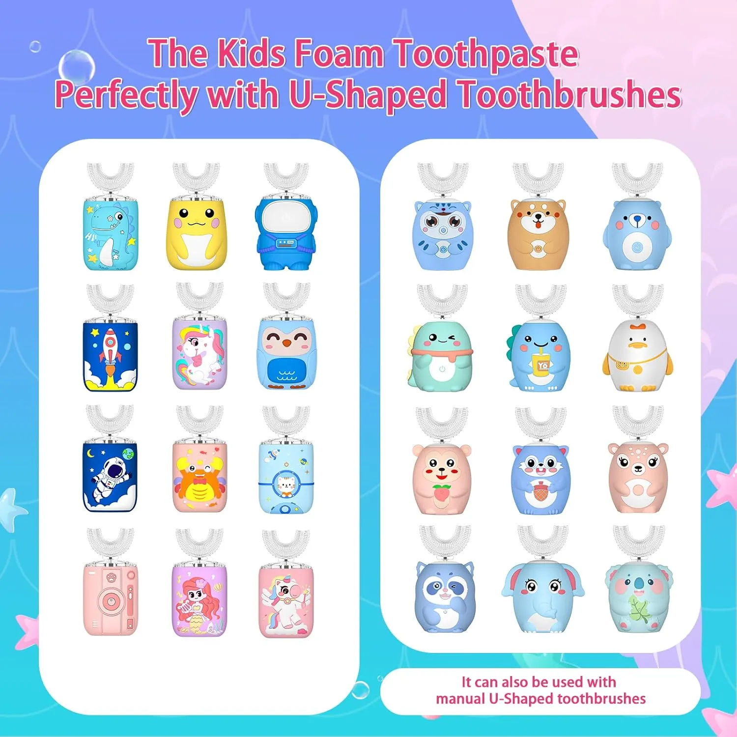 Fluoride Free Foam Kids Toothpaste - Natural Teeth Clean and Whitening Toothpaste with 4 Pack Mix Mint Flavor, Organic Travel for U Shaped Toothbrush