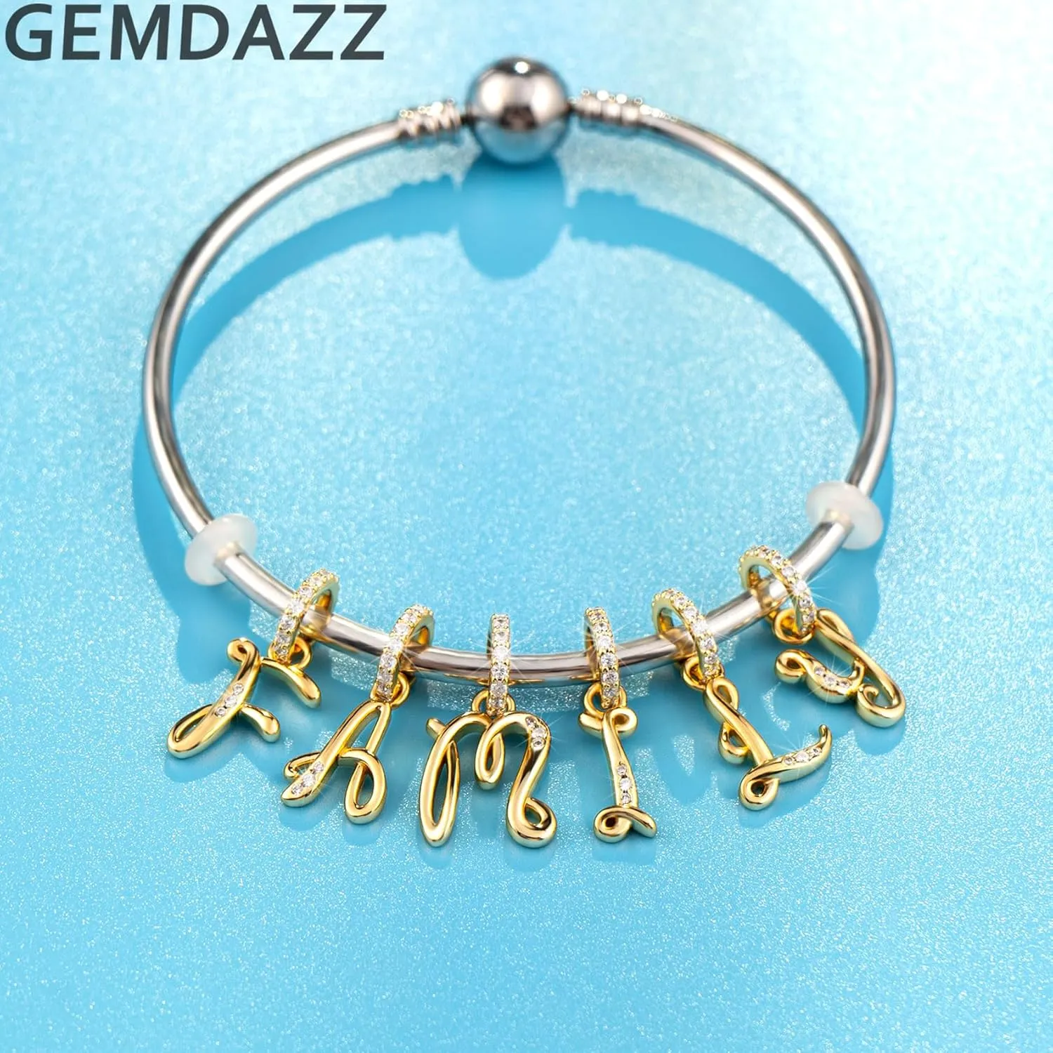 GEMDAZZ 18k Yellow Gold Plated 26 Letter Dangle CZ Charms, 925 Sterling Silver Complete Initial A-Z Alphabet Beads, fits European Name Bracelet, Gift for Mother/Birthday/Daughter/Son/Sister/BFF