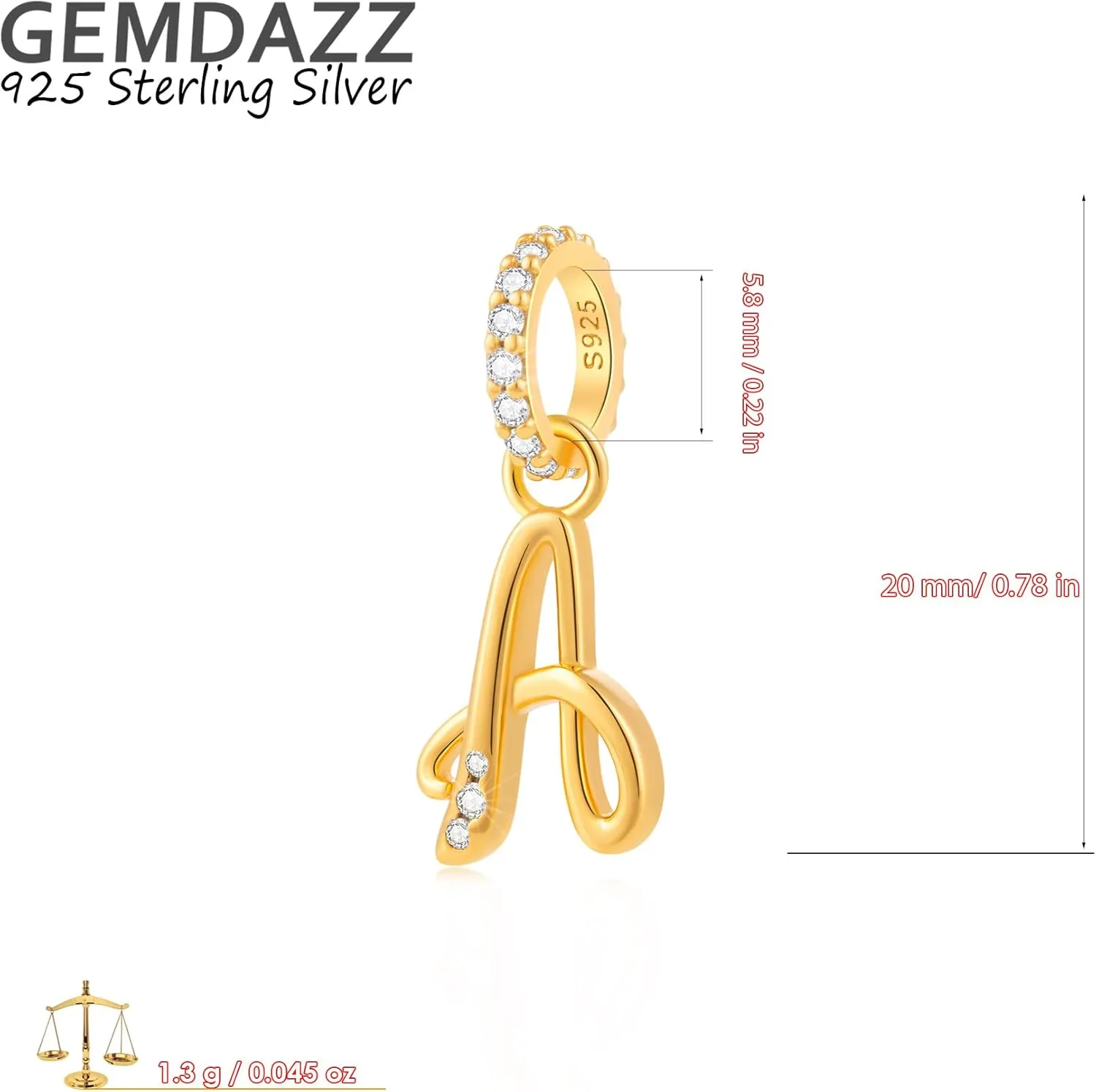 GEMDAZZ 18k Yellow Gold Plated 26 Letter Dangle CZ Charms, 925 Sterling Silver Complete Initial A-Z Alphabet Beads, fits European Name Bracelet, Gift for Mother/Birthday/Daughter/Son/Sister/BFF
