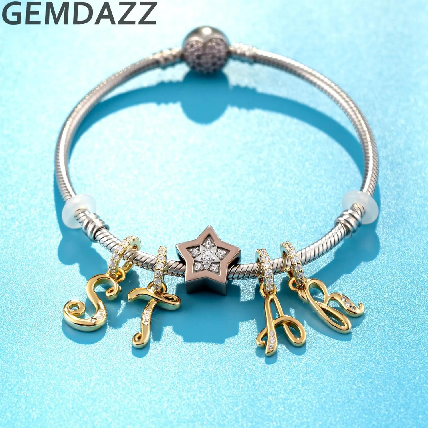 GEMDAZZ 18k Yellow Gold Plated 26 Letter Dangle CZ Charms, 925 Sterling Silver Complete Initial A-Z Alphabet Beads, fits European Name Bracelet, Gift for Mother/Birthday/Daughter/Son/Sister/BFF
