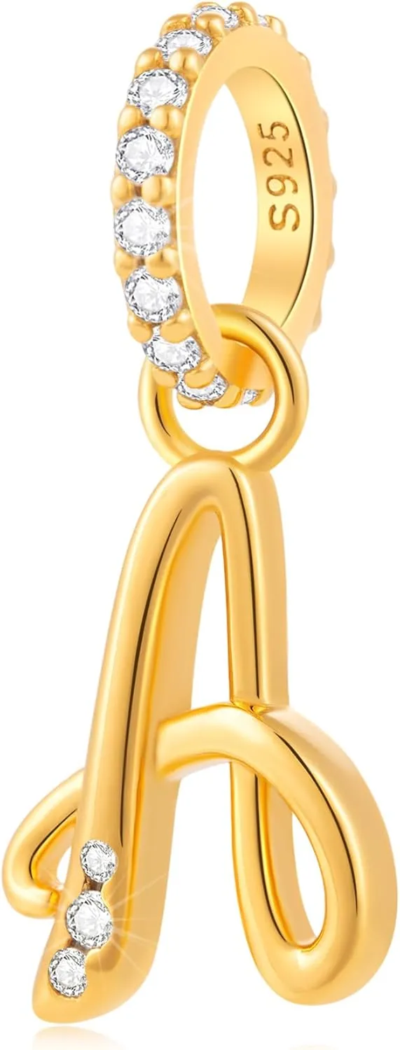 GEMDAZZ 18k Yellow Gold Plated 26 Letter Dangle CZ Charms, 925 Sterling Silver Complete Initial A-Z Alphabet Beads, fits European Name Bracelet, Gift for Mother/Birthday/Daughter/Son/Sister/BFF