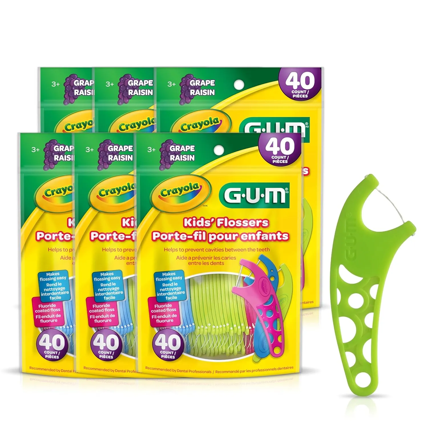 GUM Crayola Kids Flossers with Fluoride - Designed for Little Hands - Fun Grape Flavor - Easy to Use Kids Floss Picks for Children Ages 3 , 40ct (6pk)