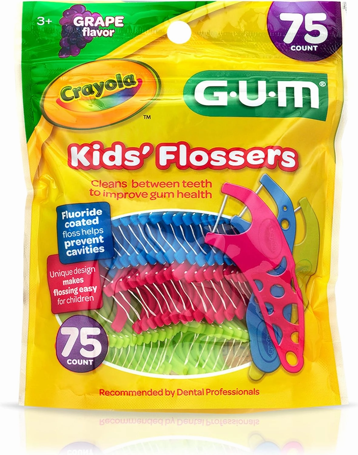 GUM Crayola Kids Flossers with Fluoride - Designed for Little Hands - Fun Grape Flavor - Easy to Use Kids Floss Picks for Children Ages 3 , 75 Count (Pack of 6)