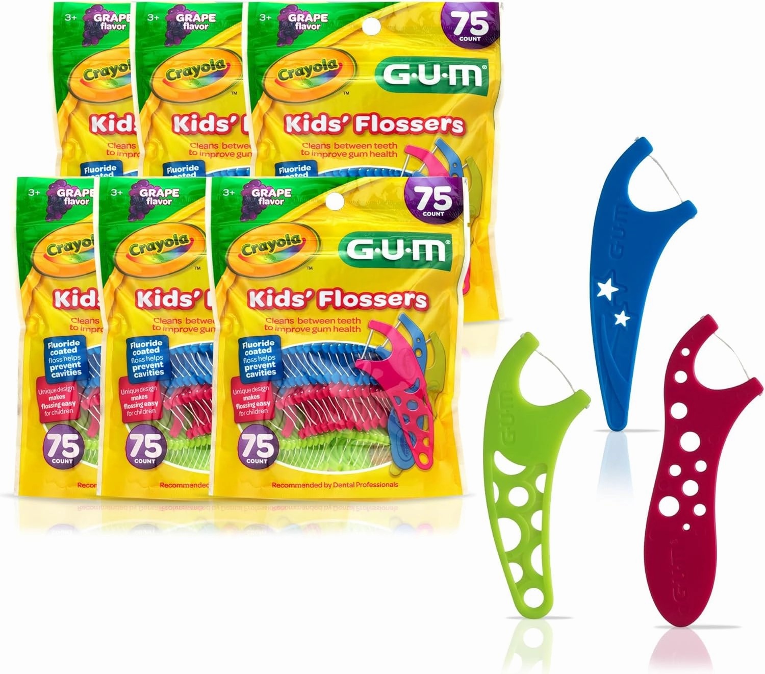 GUM Crayola Kids Flossers with Fluoride - Designed for Little Hands - Fun Grape Flavor - Easy to Use Kids Floss Picks for Children Ages 3 , 75 Count (Pack of 6)