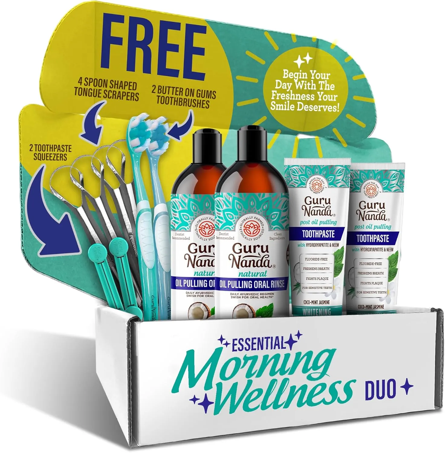 GuruNanda Essential Morning Wellness Duo – Coconut Oil Pulling Mouthwash & Hydroxyapatite Toothpaste – Helps Promotes Fresh Breath & Happy Gums, Fluoride-Free