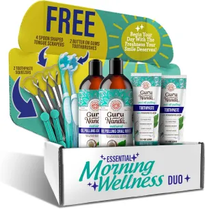 GuruNanda Essential Morning Wellness Duo – Coconut Oil Pulling Mouthwash & Hydroxyapatite Toothpaste – Helps Promotes Fresh Breath & Happy Gums, Fluoride-Free