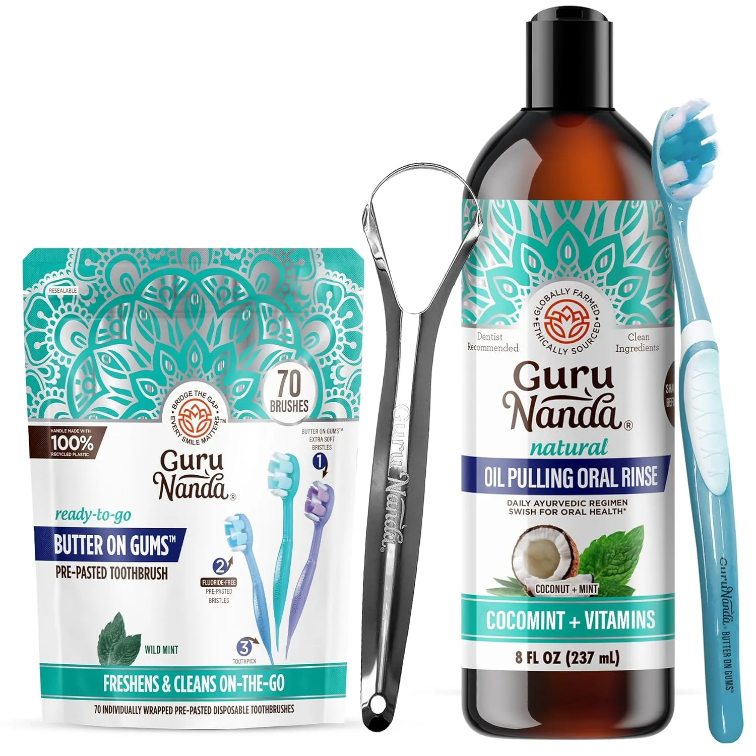 GuruNanda Fresh Start Oral Care Bundle – 70ct Disposable Pre-Pasted Toothbrushes & 8oz CocoMint Oil Pulling for Easy, Refreshing Oral Hygiene