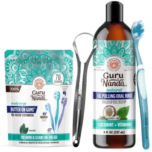 GuruNanda Fresh Start Oral Care Bundle – 70ct Disposable Pre-Pasted Toothbrushes & 8oz CocoMint Oil Pulling for Easy, Refreshing Oral Hygiene