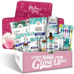 GuruNanda Mama's Glow Up Kit, Gifting Essential for Mother's Day with Oil Pulling, Toothbrush & Toothpaste, Mouthwash, Water Flosser, Whitening Strips & Pen, Magnesium Spray