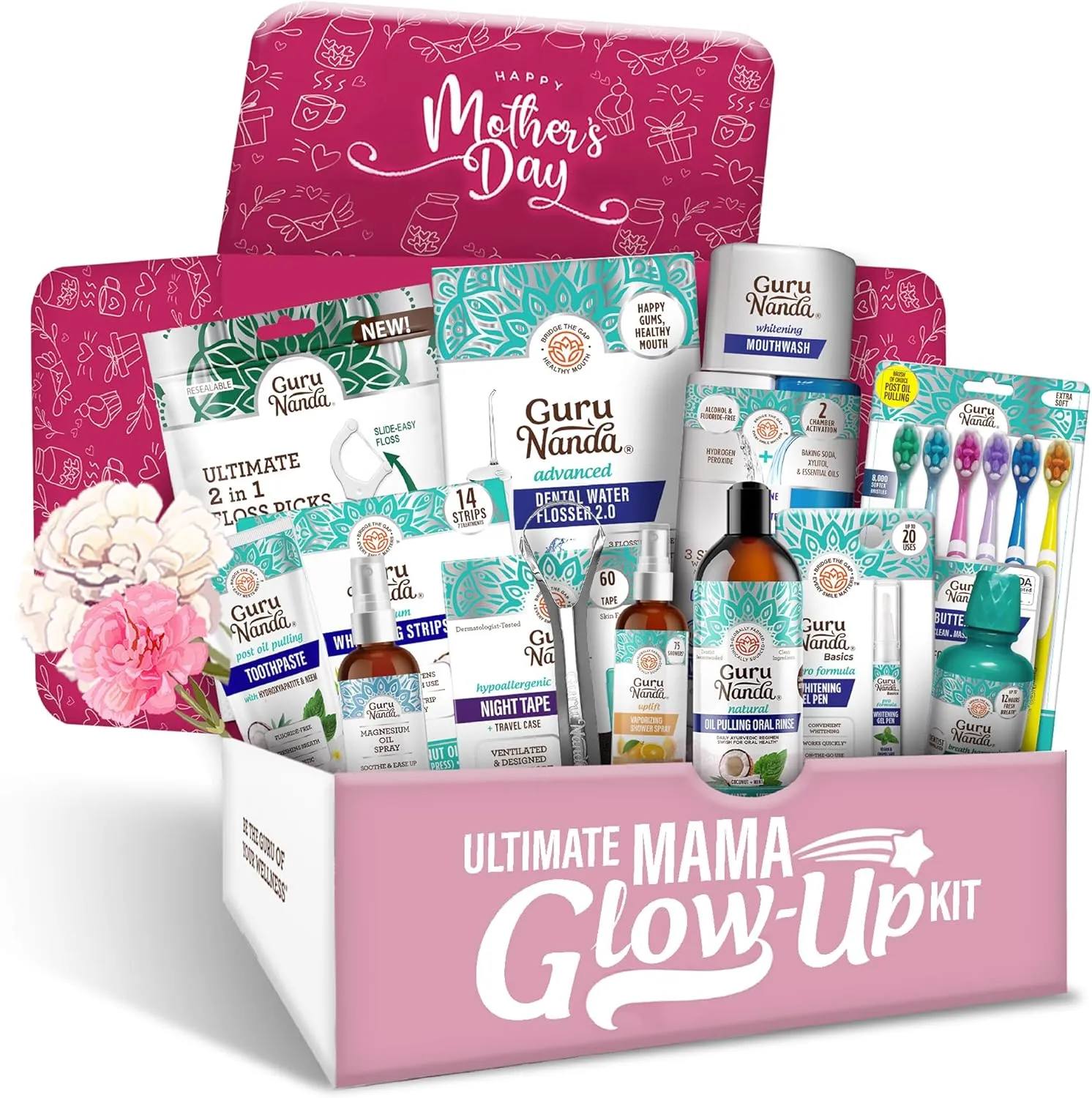 GuruNanda Mama's Glow Up Kit, Gifting Essential for Mother's Day with Oil Pulling, Toothbrush & Toothpaste, Mouthwash, Water Flosser, Whitening Strips & Pen, Magnesium Spray