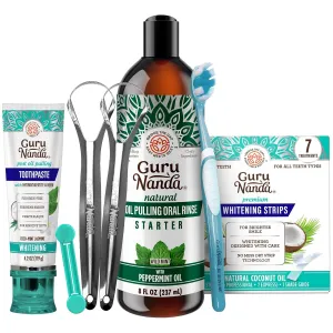 GuruNanda Whitening & Fresh Breath Bundle – 7-Day Whitening Strips, Hydroxyapatite Toothpaste & Starter Pulling Oil Mouthwash 8oz for a Brighter Smile & Happier Gums