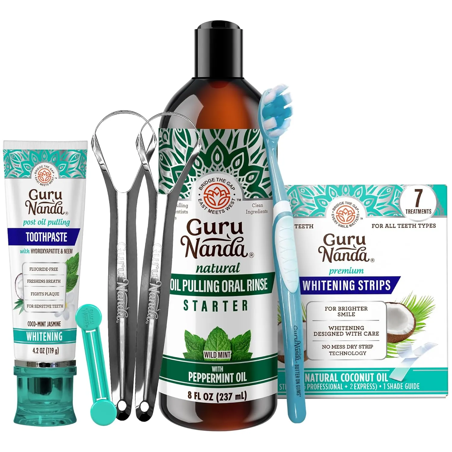 GuruNanda Whitening & Fresh Breath Bundle – 7-Day Whitening Strips, Hydroxyapatite Toothpaste & Starter Pulling Oil Mouthwash 8oz for a Brighter Smile & Happier Gums