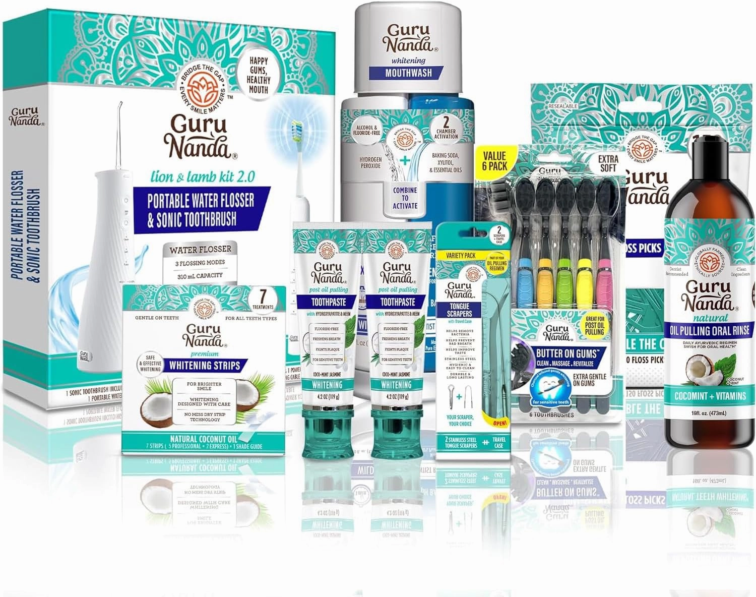 GuruNanda 7-Step Regimen 2.0 for Complete Oral Care Routine–CocoMint Oil Pulling, Dual Barrel Mouthwash, Hydroxyapatite Toothpaste, Whitening Strips, Lion & Lamb 2.0, BOG Toothbrush & Tongue Scrapers