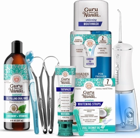 GuruNanda Advanced Oral Care Bundle – Hydroxyapatite Toothpaste, CocoMint Oil Pulling, Oxyburst Whitening Mouthwash, 7-Day Strips & Advanced Water Flosser for a Happier Smile